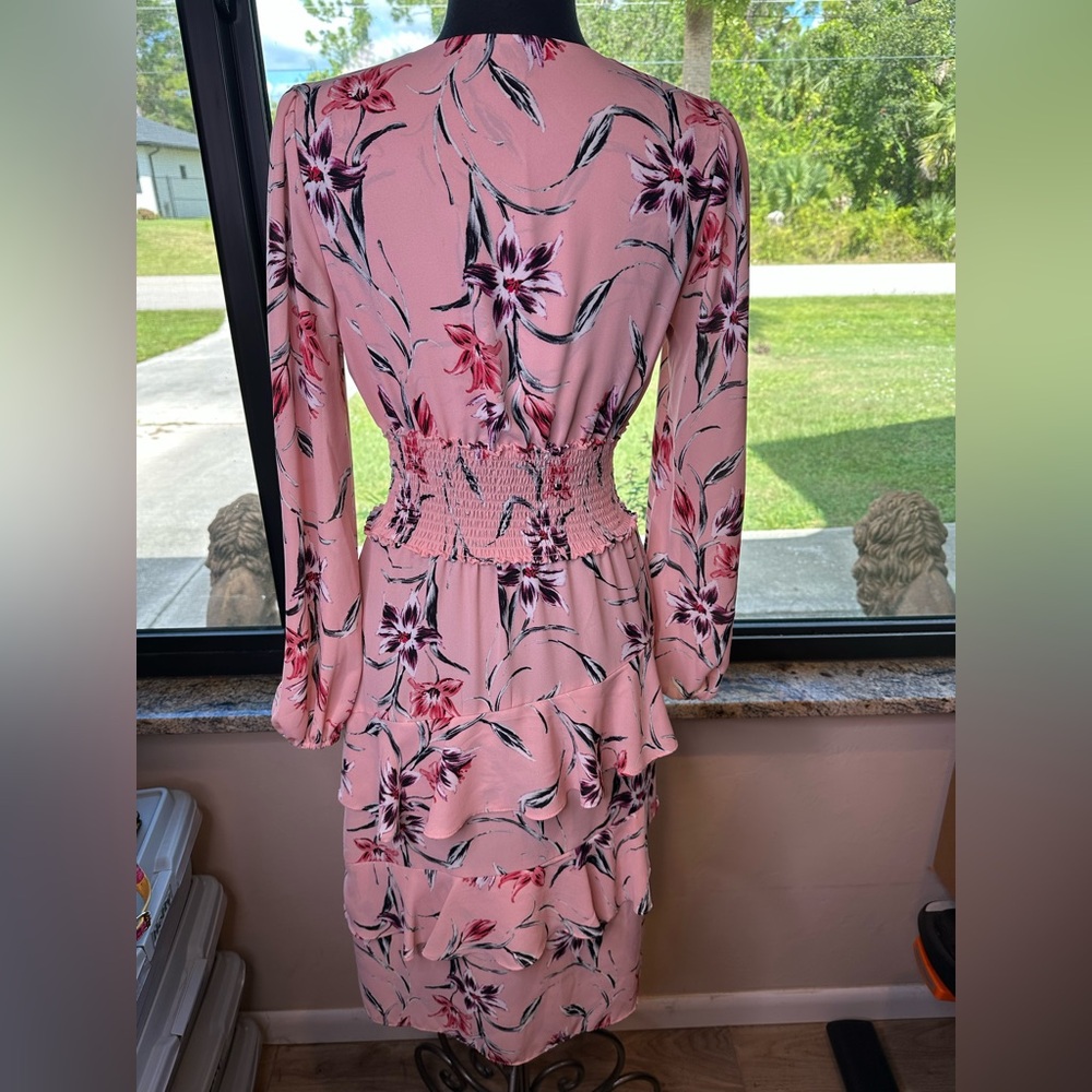 Free Press - V Neck Smocked Waist Ruffle Floral Chiffon Dress- Size Small - Picture 5 of 6